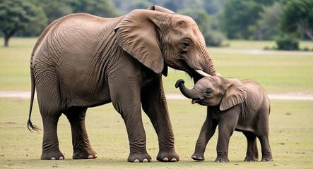 Fototapeta premium A mother elephant gently caressing her calf with her trunk