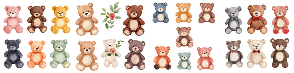 Cute teddy bears in various colors and styles, perfect for crochet patterns, isolated on transparent background.