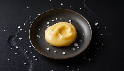 Lard spread in fine art style in yellow and white with copy space for culinary presentation against black stone