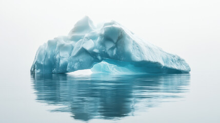 Fototapeta premium Serene iceberg arch reflected on calm water in a minimalist, misty setting, showcasing the wonders of natural ice formations and tranquil beauty.