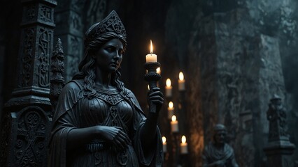 Statue of Hecate with the underworld, holding a staff of the dead and mysterious runes in both hands, surrounded by dark cemeteries and shadows of spirits, with carvings depicting her connection to th