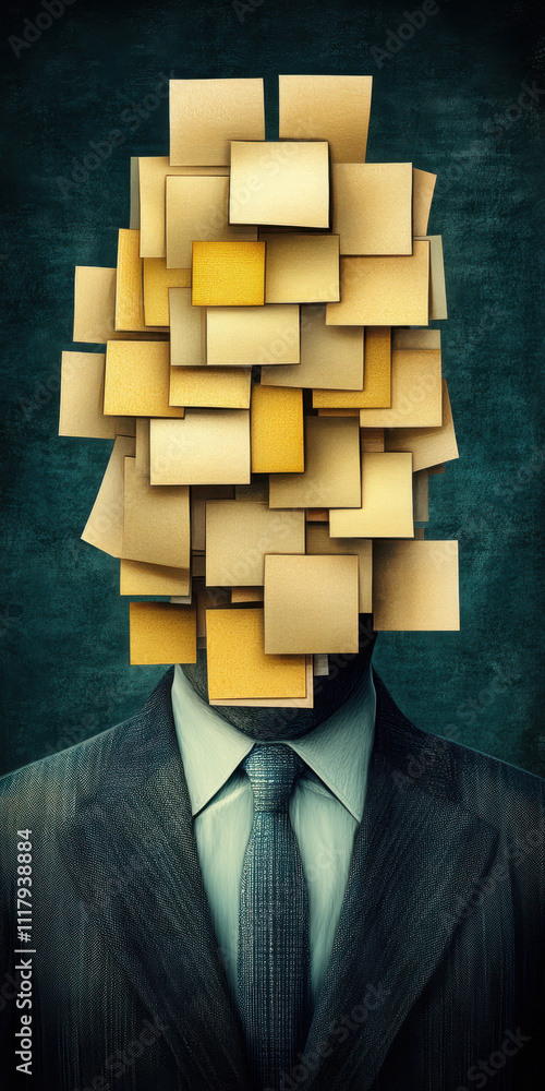 Poster overthinking. a surreal image of a suited figure with a head made entirely of sticky notes, symboliz