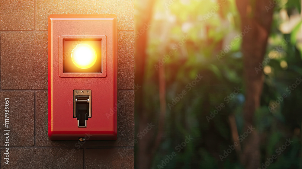 Poster a bright red emergency alarm button illuminated against a modern backdrop.