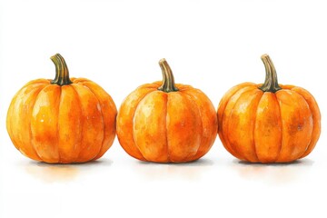 Obraz premium Three vibrant orange pumpkins with green stems on a white background.