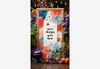 Carnival Billboard Mockup: Vibrant Picture Frame with Lush Plant, Oranges, Flowers & Candle Display