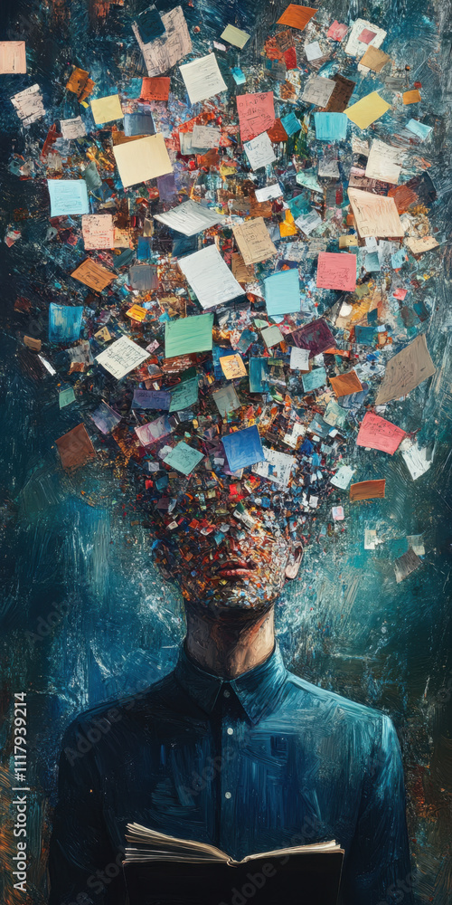 Poster overthinking. a surreal depiction of a person with a head overflowing with colorful notes and ideas,