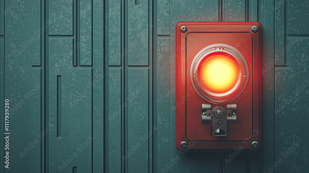 Poster a close-up view of a red emergency button illuminated against a textured wall.