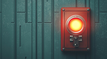 A close-up view of a red emergency button illuminated against a textured wall.