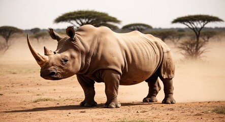 Fototapeta premium A powerful rhinoceros standing in a dusty savannah with strong posture