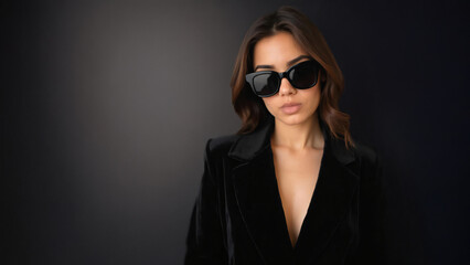 woman in black deep v neck jacket and dark sunglasses 