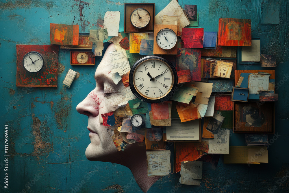 Poster overthinking. a surreal depiction of a human head filled with clocks and colorful papers, symbolizin