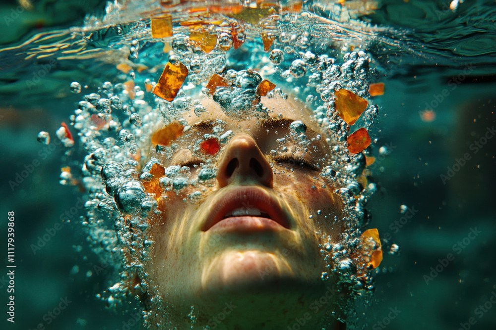 Poster overthinking. a serene underwater scene featuring a person submerged, with colorful bubbles and obje