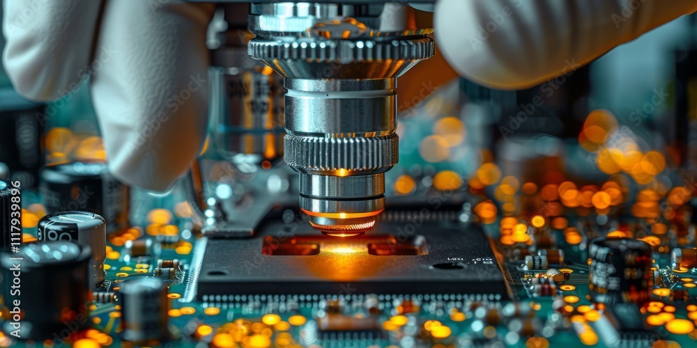 Poster close-up of a microscope analyzing a microchip on a circuit board, with glowing orange lights highli