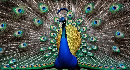 Obraz premium A proud peacock displaying its vibrant tail feathers in full glory