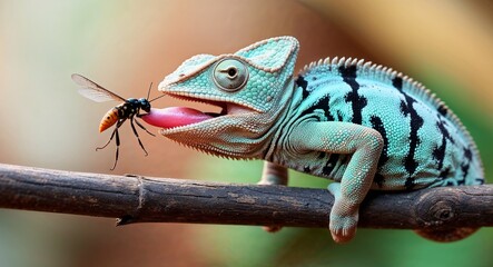 Naklejka premium A quirky chameleon with its tongue extended to catch an insect