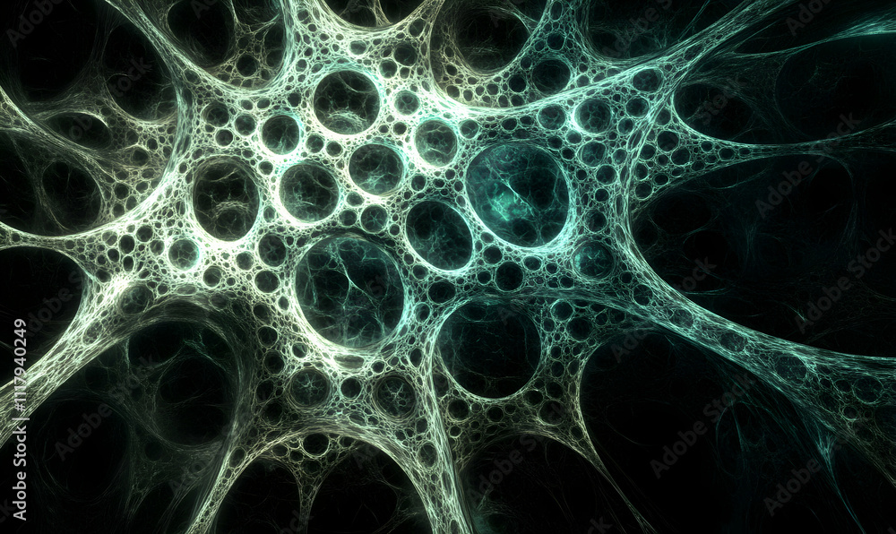 Poster abstract fractal art depicting a complex network of interconnected nodes and filaments, resembling a