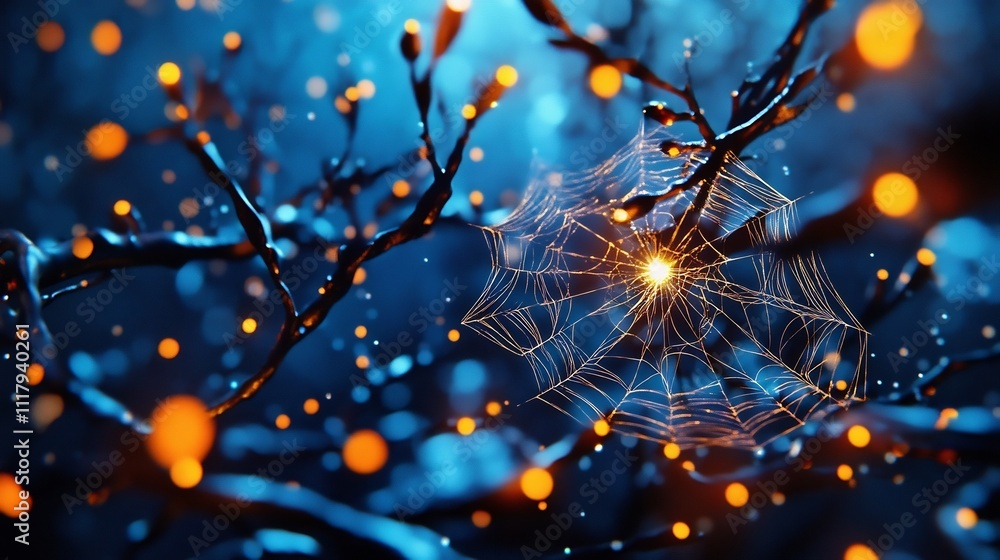 Poster glowing threads weaving a luminous web of interconnected digital art
