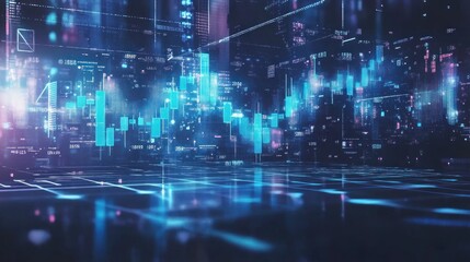 Futuristic digital cityscape with glowing stock market data.
