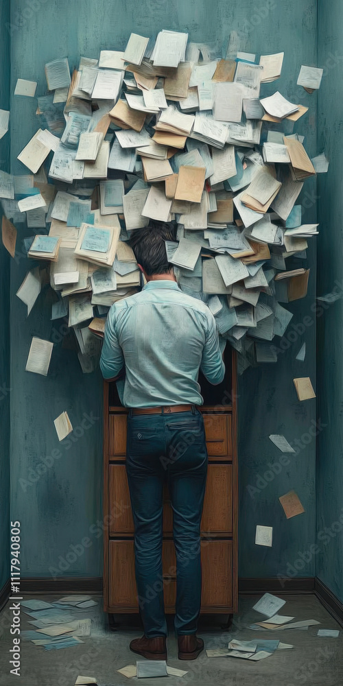Poster overthinking. a person stands in front of a cluttered desk overflowing with papers, symbolizing chao
