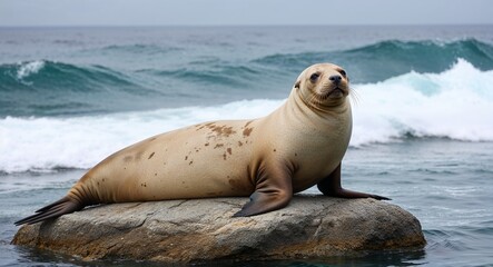 Fototapeta premium A serene sea lion lounging on a rock near ocean waves