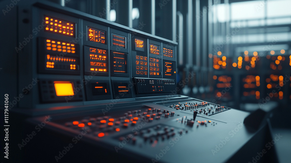 Poster control panel features illuminated buttons and displays in a dimly lit industrial setting