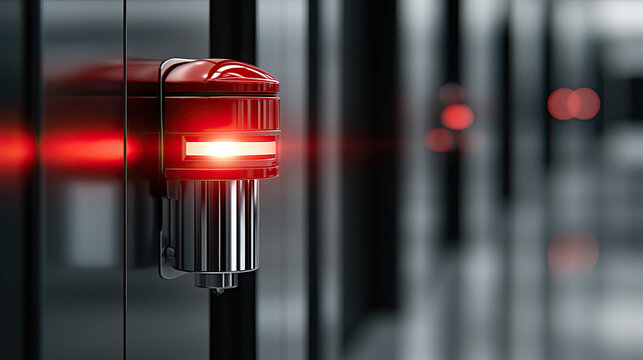 Close-up of a modern fire alarm system with red light signaling an alert.