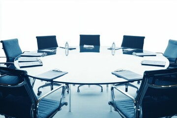 Circular table, chairs, documents, water bottles.