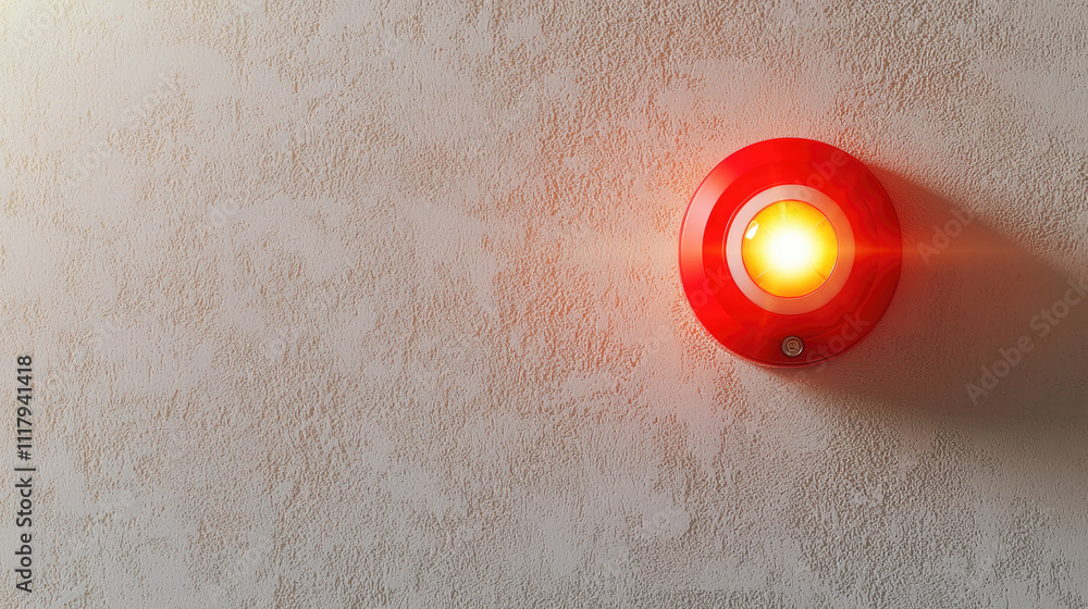 Poster close-up of a red alarm light illuminating a textured wall in a minimalist setting.