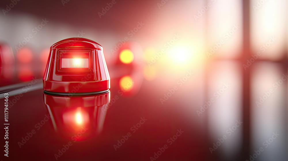 Poster close-up of a red blinking light on a reflective surface with a warm glow.