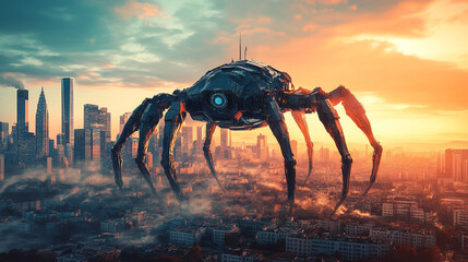 Giant robotic spider looms over a futuristic city during sunset with skyline in view