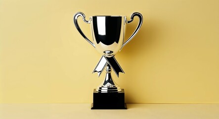 A silver trophy with a ribbon design given for excellence in community service on a plain soft yellow background