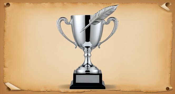 A silver trophy with a quill pen design awarded for literary achievement on a plain parchment background