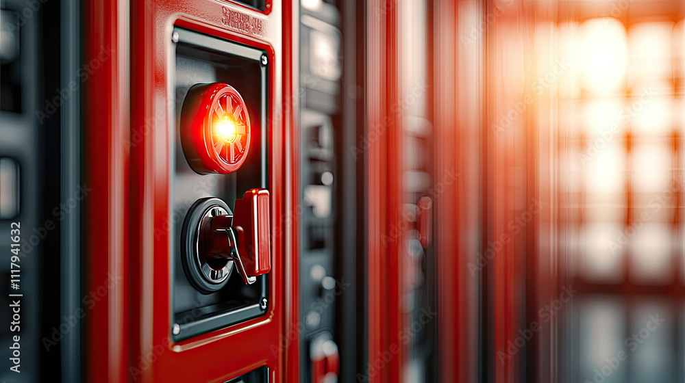 Poster close-up of a red vending machine button with illuminated indicator light.