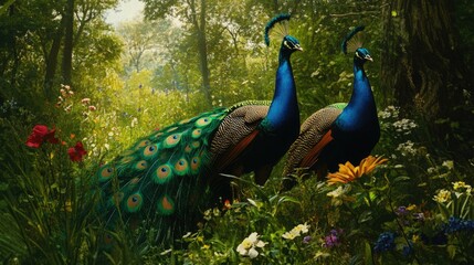Obraz premium A tranquil woodland scene featuring two male peacocks foraging amidst tall grass and wildflowers, their vivid colors standing out against the greenery.