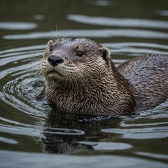 Fototapeta premium A playful otter floating on its back in a clear stream.