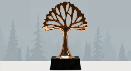 A sleek bronze trophy with a tree design celebrating achievements in forestry or sustainability on a plain forest background