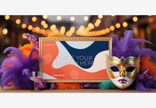 Carnival Billboard Mockup: Enchanting Picture Frame with Mask, Feathers & Candlelit Bokeh Ambiance
