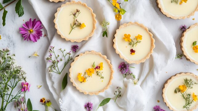 Flat lay of Bavarian cream tartlets with a shortbread crust, surrounded by edible flowers and a linen napkin