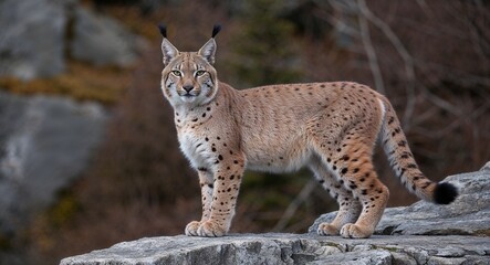 Obraz premium A sleek lynx with tufted ears standing proudly on a rocky ledge