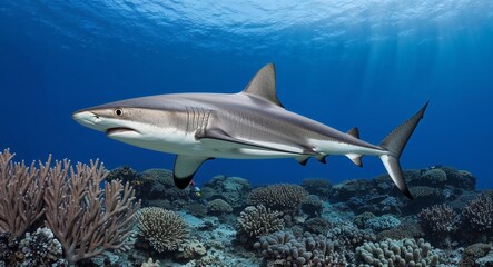Naklejka premium A sleek shark swimming gracefully through coralfilled waters