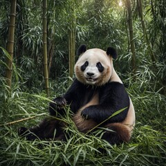 Obraz premium A panda eating bamboo in a serene forest.
