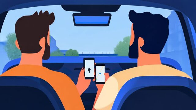 Two men using car sharing app on smartphone