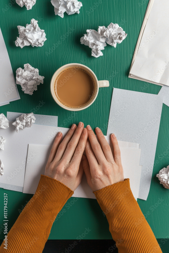 Poster overthinking. a top-down view of hands resting on blank papers, surrounded by crumpled papers and a 