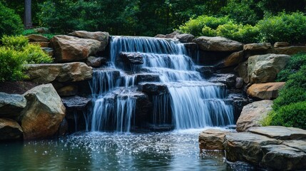 A serene waterfall cascading over rocks into a tranquil pond, surrounded by lush greenery.