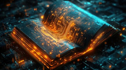 Abstract art showcasing a luminous book with bright circuit imagery radiating from its pages, blending technology with the power of knowledge.