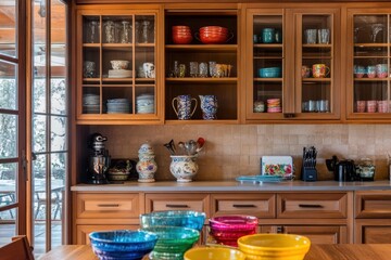 Fototapeta premium Colorful bowls sit on a wooden table in front of a kitchen counter with glass cabinets filled with mugs and dishes.