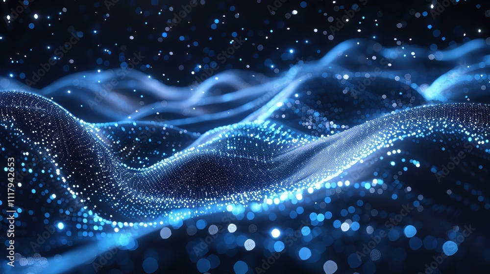 Poster abstract wave with moving dots and lines. flow of particles, technology background.