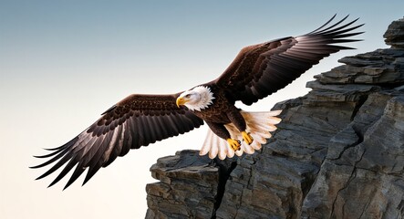 Naklejka premium A soaring eagle with wings spread wide over a rocky cliff