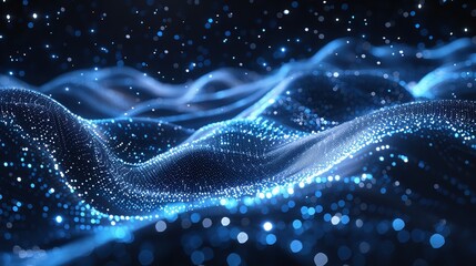 Abstract wave with moving dots and lines. Flow of particles, Technology Background.