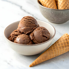 bowl served with chocolate ice cream scoops and co